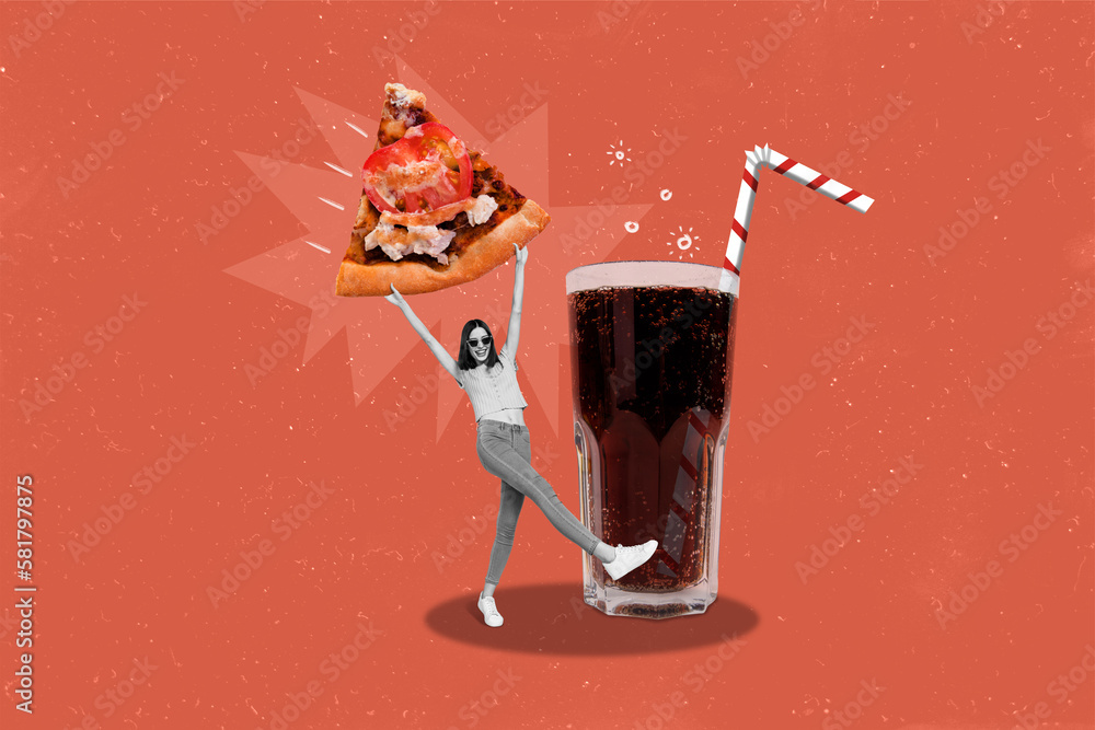 Collage 3d pinup pop retro sketch image of funny carefree lady enjoying tasty meal isolated painting background - obrazy, fototapety, plakaty 