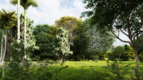 3d render nature environment landscape grass and trees backdrop illustration wall mural concept wall paper 3d design 