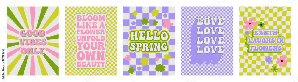 Groovy spring posters. Motivating slogan. Retro print with hippie elements. Vector lettering for cards, posters, t-shirts, etc. 