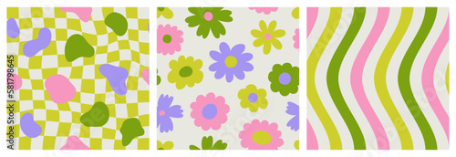 Set with seamless patterns groovy aesthetic. Spring mood. Cute flowers. Retro background for design and card, covers, package, wrapping paper.