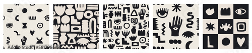 Set of seamless patterns with abstract pieces. Naive art. Vector Hand drawn background for design and card, covers, package, wrapping paper. 