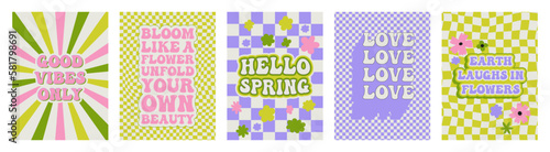Groovy spring posters. Motivating slogan. Retro print with hippie elements. Vector lettering for cards, posters, t-shirts, etc. 