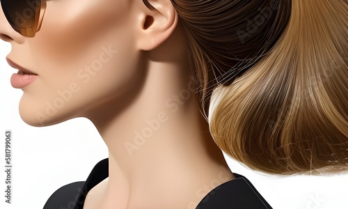 Plakat, profil kobiety w okularach, ucho i długa szyja, blond włosy upięte w kucyk. Ilustracja wygenerowana przez AI
