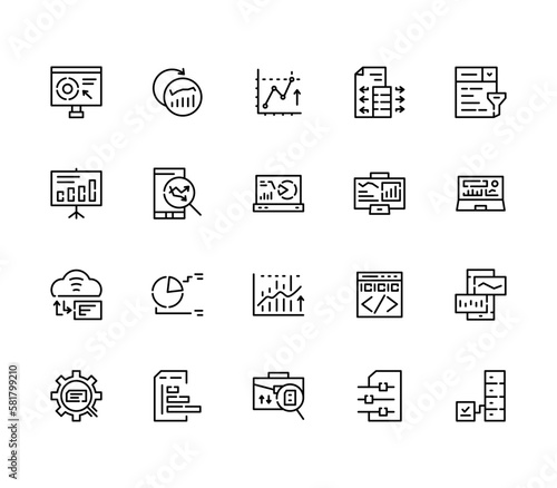 Set of data analytics icons, statistics, and database. Perfect for website mobile app presentation. Suitable for any user interface. Editable Strokes