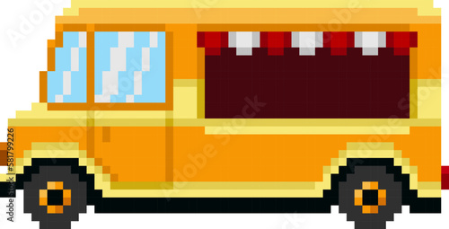 Pixel art food truck. Street cuisine vector game asset.