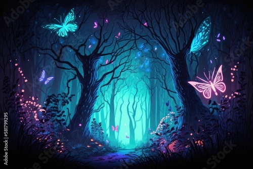 Forest of the fairies. Nighttime forest scene illuminated by magic. Illustration of an abstract woodland, enchantment, fantasy, night, lights, and neon. Generative AI © AkuAku