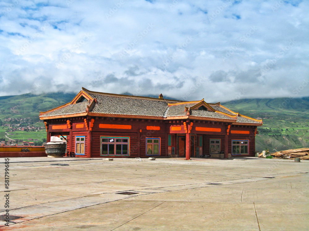 a panorama with a historical Tibetan temple