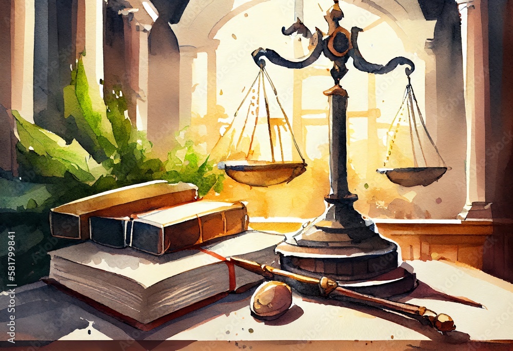 Watercolor Illustration of a Judicial Gavel, Book And Scales Of Justice On Background Of Court Hall. Based On. Generative AI