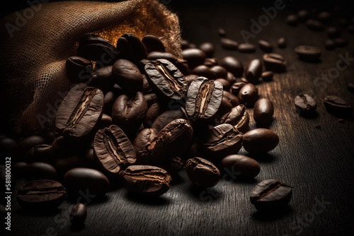 Pile of roasted coffee beans on dark background. Created with Generative AI Technology