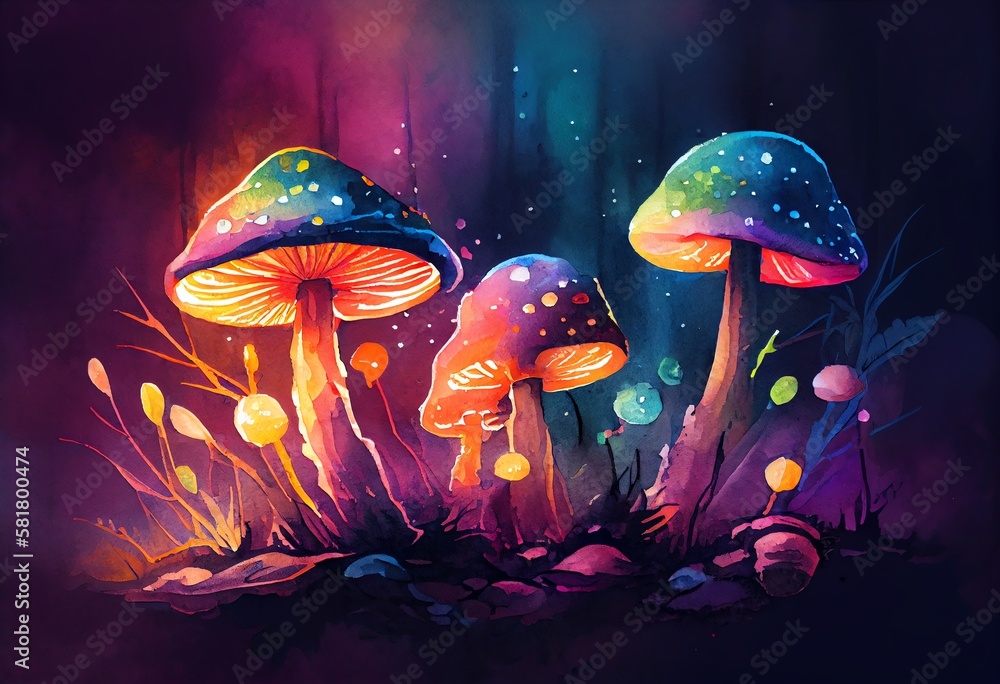 Watercolor Illustration of a Fantastic Color Rainbow mushroom. Generative AI