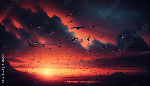 A sunset with birds flying over the water and the sky is orange, Generative AI