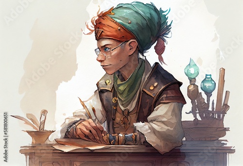 Watercolor Illustration of a Scribe Character Portrait, Rpg, Fantasy Avatar And Token. Generative AI photo