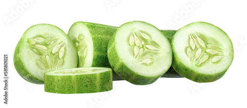 Slice and half of Cucumber isolated on transparent background, PNG image