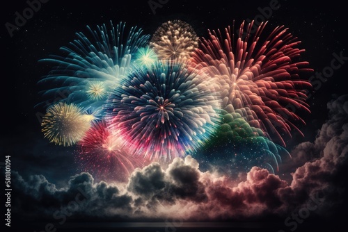 Sky high fireworks display. Generative AI © AkuAku