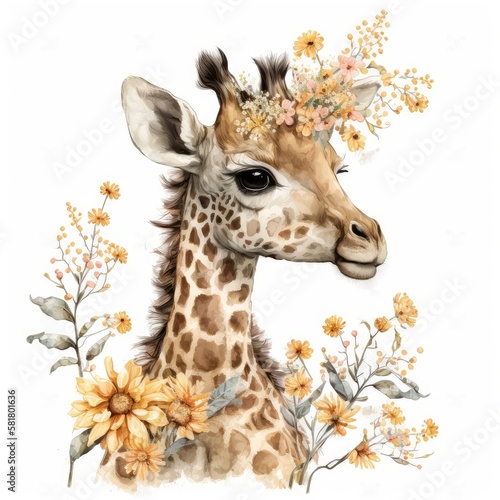 Cute Baby Giraffe Floral  Wildlife  Innocent  Playful  Charming  Spring Flowers  illustration  clipart  isolated on white background