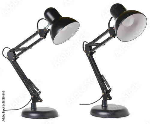 set of vintage black desk lamp isolated, taken in different angles, interior office or home decoration concept, template mock-up