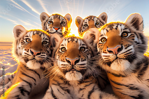 A flock of tigers takes a selfie. AI Generated