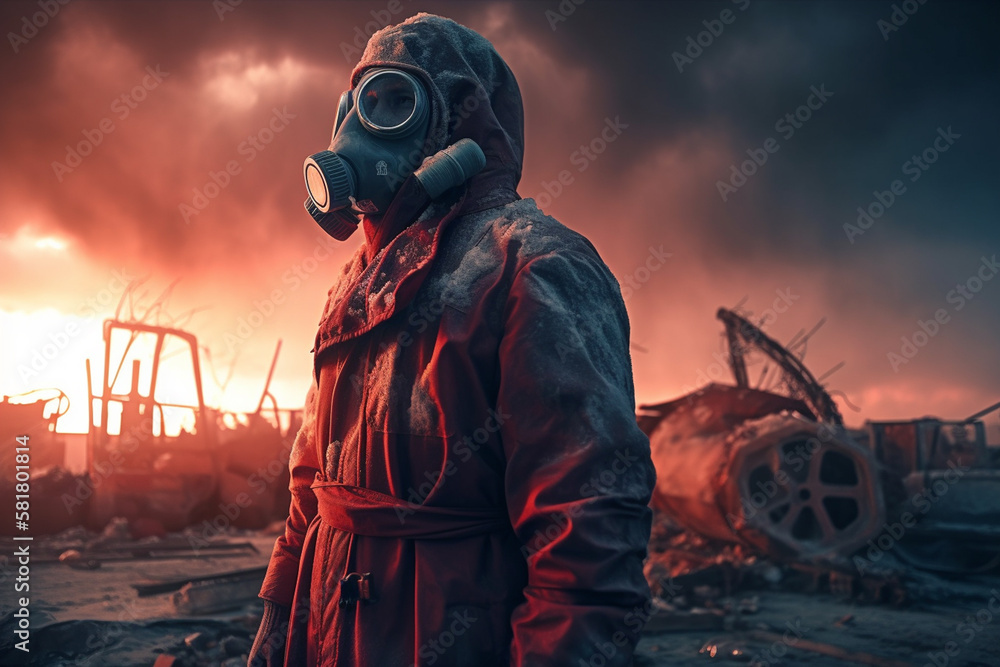 Post apocalyptic survivor in gas mask. Environmental disaster, armageddon concept. Generative ai. Post apocalyptic survivor in gas mask. Environmental disaster, armageddon concept. Generative ai.