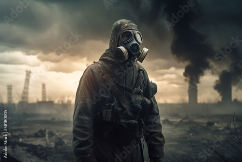 Post apocalyptic survivor in gas mask. Environmental disaster  armageddon concept. Generative ai.