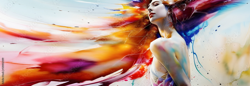 wide banner panorama colorful aquarell artistic young woman face portrait, fashion painted, sexy girl, watercolor style illustration by Generative AI - obrazy, fototapety, plakaty 