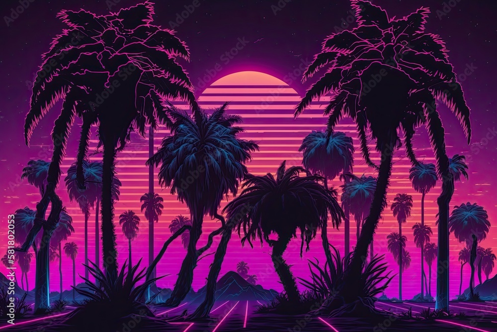 Palm trees are featured in a purple neon wireframe scene against a violet sunset sky. scene of cyberpunk. electronic art 80s style futuristic wallpaper. Synthwave fashion. illustration. Generative AI