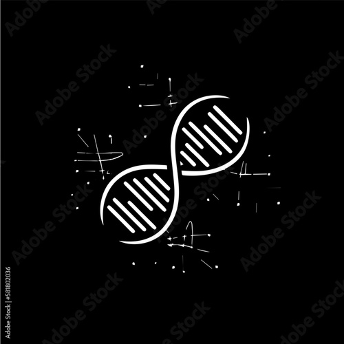 DNA text logo template, white icon of helix structure on black background, science logotype concept, chemistry emblem, tattoo. Vector illustration