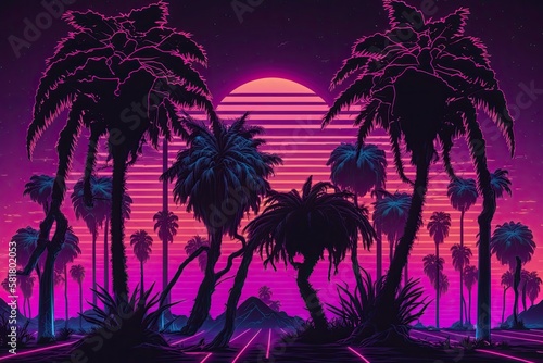 Palm trees are featured in a purple neon wireframe scene against a violet sunset sky. scene of cyberpunk. electronic art 80s style futuristic wallpaper. Synthwave fashion. illustration. Generative AI © AkuAku