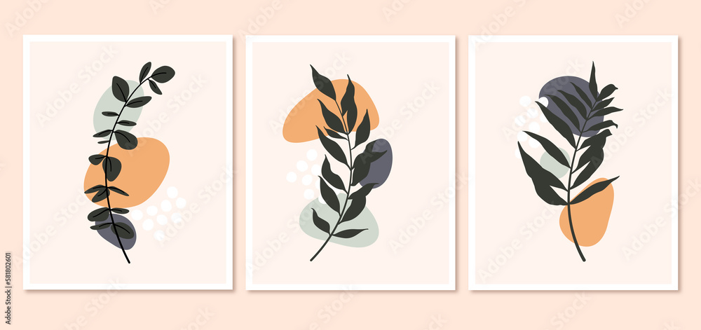 wall art vector set. Foliage line art drawing with abstract shape. Abstract Plant Art design for print, cover, wallpaper, Minimal and natural wall art
