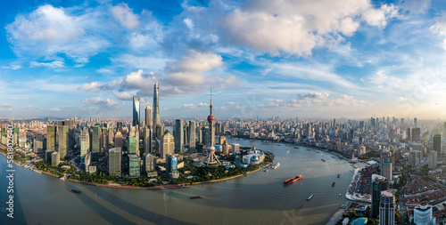 Aerial view of Shanghai city skyline and modern buildings at sunset, China. Panoramic view.