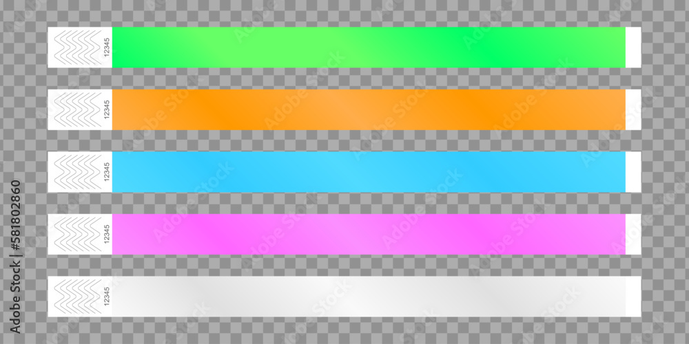 Set of paper event bracelet templates. Admission wristbands for concert, festival, cinema, party, disco entrance on transparent background. Patient identification handbands. Vector illustration Set of paper event bracelet templates. Admission wristbands for concert, festival, cinema, party, disco entrance on transparent background. Patient identification handbands. Vector illustration
