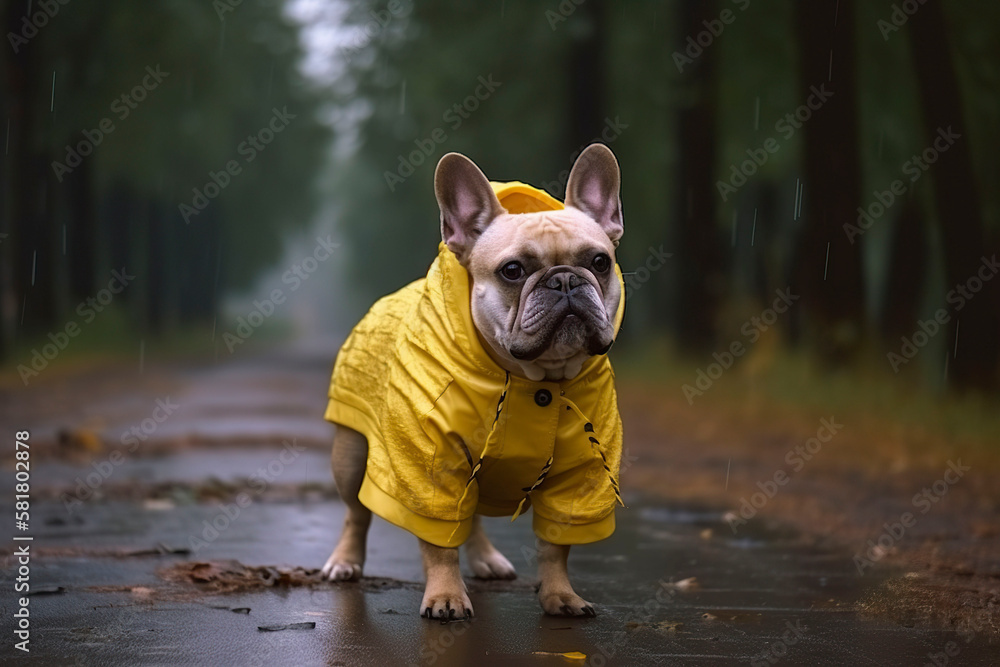 French bulldog in a yellow raincoat. Generative AI.