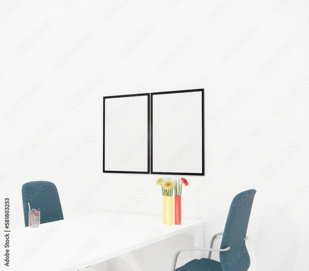 wall frame mockup design, Two chairs on either side of a table, and two beautiful flower tubs and flowers on the table, Two white frame mockup on the wall in the middle. 3D Render image.