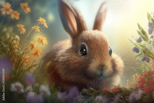 Easter bunny with easter eggs and spring flowers. Easter postcard background. Generative AI © lukjonis