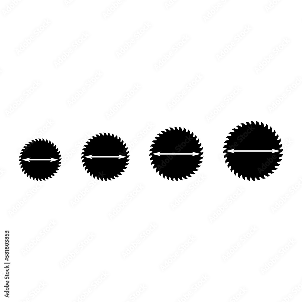 Fototapeta premium Circular saw blade with size and double arrow. Set of saw blades of different diameters.