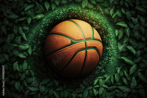 Basketball in top perspective against a background of green grass. Generative AI © AkuAku