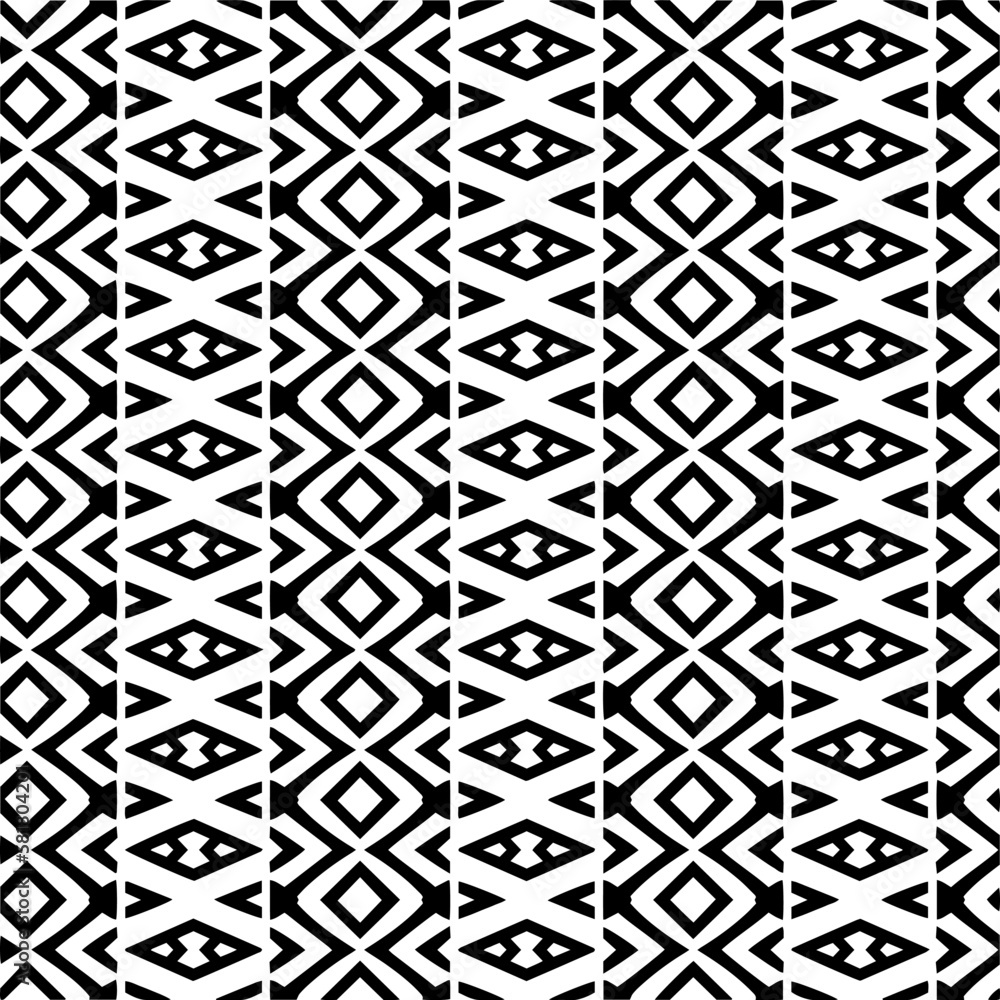 Vector geometric ornament in ethnic style. Seamless pattern with abstract shapes. Black and white geometric wallpaper. Repeating pattern for decor, textile and fabric.Abstraction art. Vector geometric ornament in ethnic style. Seamless pattern with abstract shapes. Black and white geometric wallpaper. Repeating pattern for decor, textile and fabric.Abstraction art.