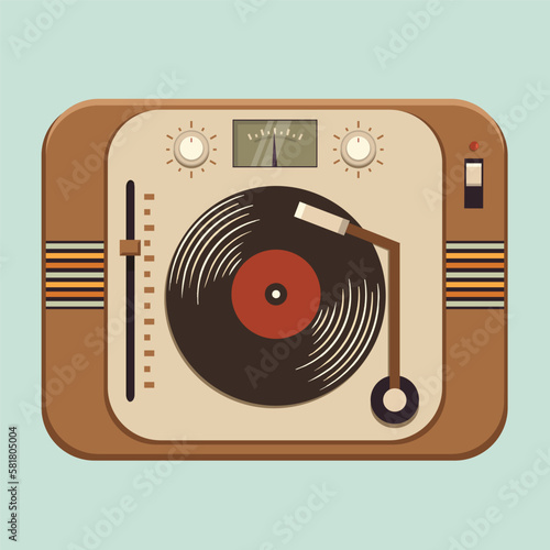 Old vintage gramophone player or a vinyl turntable, vector illustration, top view