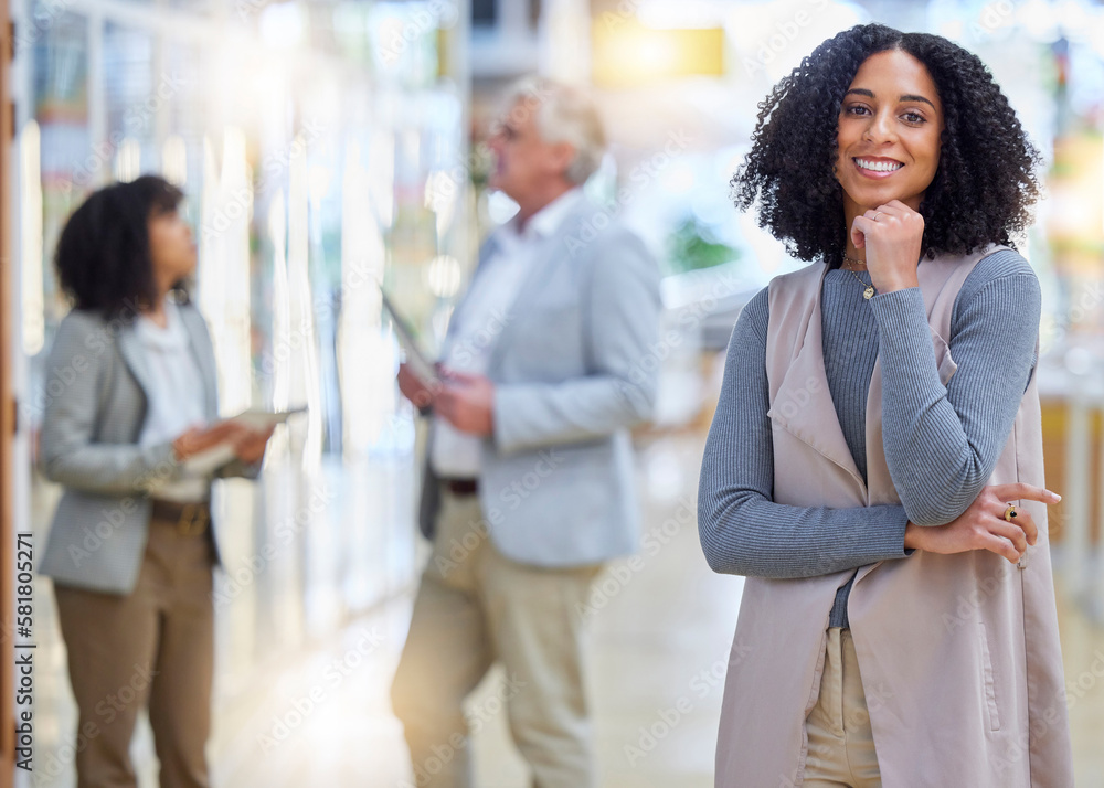Business, woman and portrait with smile for empowerment, motivation and professional project manager. Happy young female employee standing in company for happiness, pride or confidence in busy office Business, woman and portrait with smile for empowerment, motivation and professional project manager. Happy young female employee standing in company for happiness, pride or confidence in busy office
