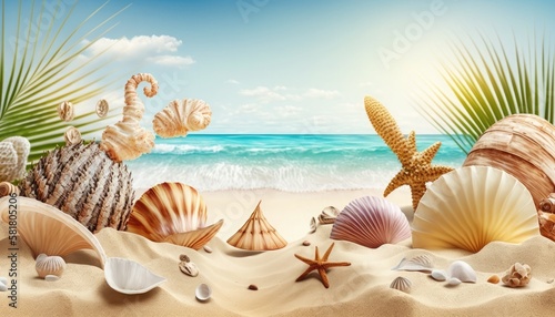 Close up sea shells on tropical beach sand, blurred ocean waves and sky background. Generative AI illustration.