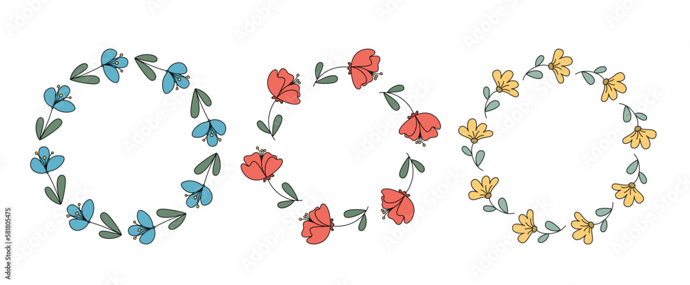 Spring Summer Floral Frames. Cute Round Flower Borders. Collection of Cartoon Summer Wreathes. Spring Summer Floral Frames. Cute Round Flower Borders. Collection of Cartoon Summer Wreathes.