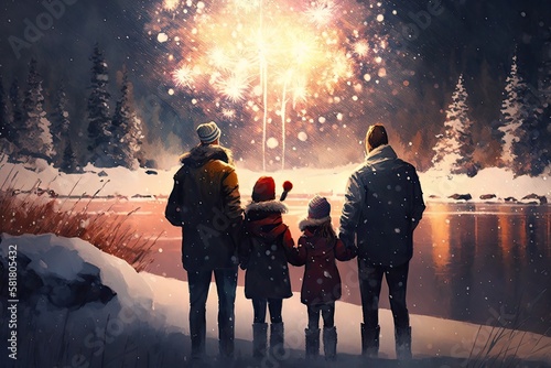 New Year s Day off. Watching fireworks are parents and daughters with their young daughters. a joyful family enjoying a wintertime hike. Winter holiday season. Generative AI