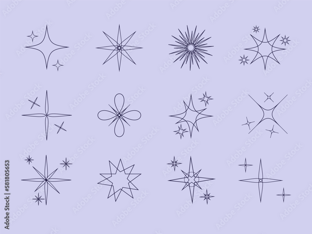 set of snowflakes and stars, flat sparkling star collection set of snowflakes and stars, flat sparkling star collection