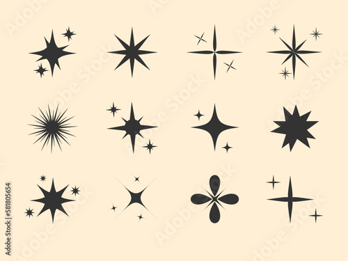 set of silhouettes of stars, hand drawn sparkling star collection