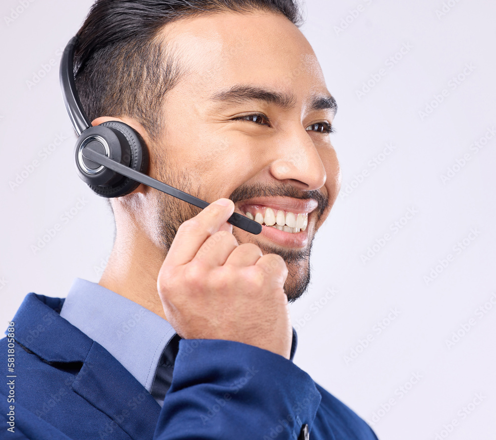 Call center, headset and happy man isolated on a white background for telemarketing, telecom or global support. Asian international agent, consultant or business person for virtual salesman in studio Call center, headset and happy man isolated on a white background for telemarketing, telecom or global support. Asian international agent, consultant or business person for virtual salesman in studio