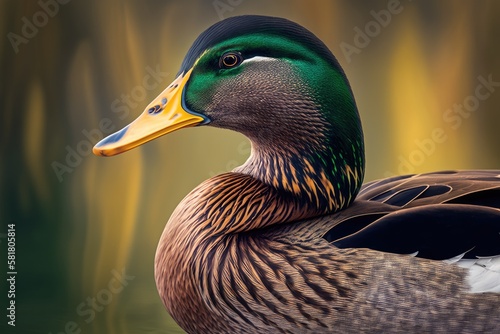 Male Anas platyrhynchos, sometimes known as a mallard or wild duck. Close up. Generative AI photo