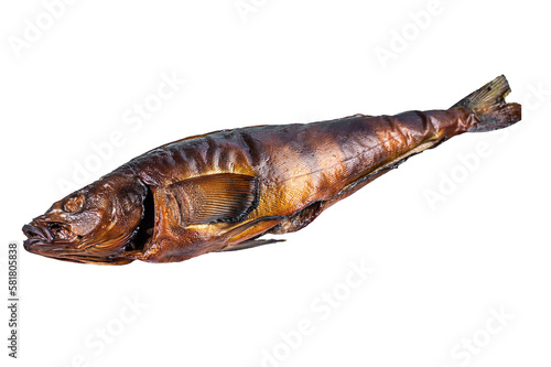 Hot smoked whole fish on kitchen table.  Isolated, transparent background.