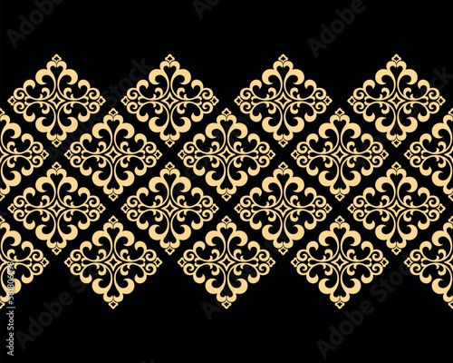 Wallpaper in the style of Baroque. Seamless vector background. Gold and black floral ornament. Graphic pattern for fabric, wallpaper, packaging. Ornate Damask flower ornament