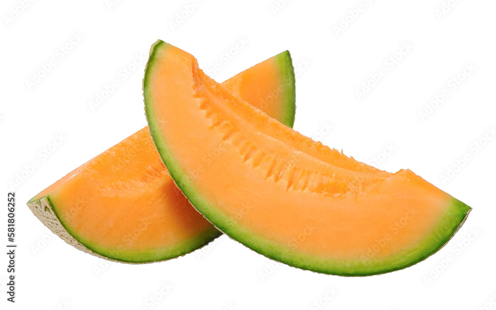 Slice orange fresh melon isolated on transparent background, PNG image