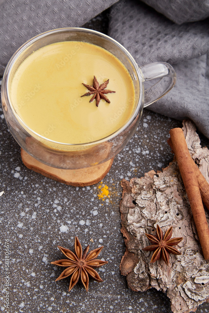Natural organic masala tea with star anise, cinnamon on tree bark. Healthy traditional drink