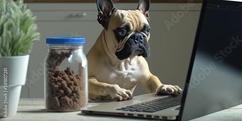 French Bulldog dog ordering online by internet for home delivery. Paws on laptop with a food shopping product selection. Concept for pets using technology, by ai generative